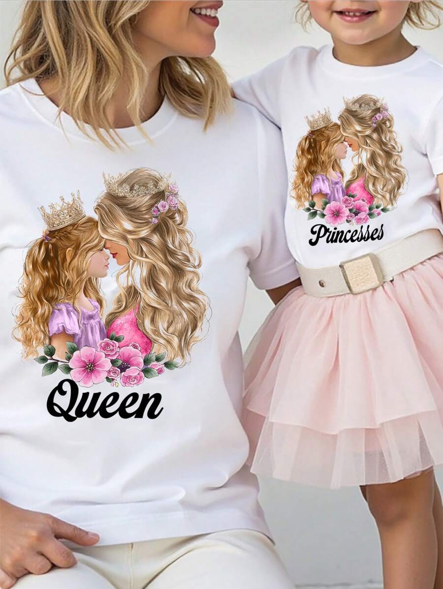 SHEIN Mother-Daughter Matching Set, QUEEN&PRINCESS Graphic Design, Young Girl Casual Minimalist Round Neck Short Sleeve T-Shirt, Suitable For Summer - Multicolor - View 1