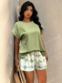 Breezaya Plus Size Solid Color Short Sleeve Top & Random Print Shorts 2 Pieces Set, Casual - Mint Green - View 4