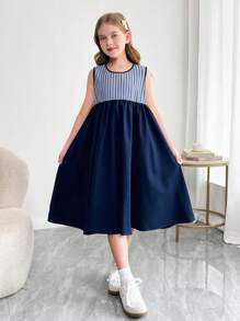 SHEIN Leap Crew Tween Girls' Bowknot Back Striped Color Block Sleeveless Dress - Navy Blue - View 4