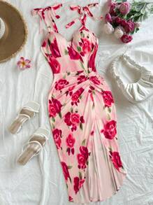 SHEIN Unity 大码女式玫瑰印花细肩带开衩下摆连衣裙，优雅夏日 - 粉色 - 查看 1