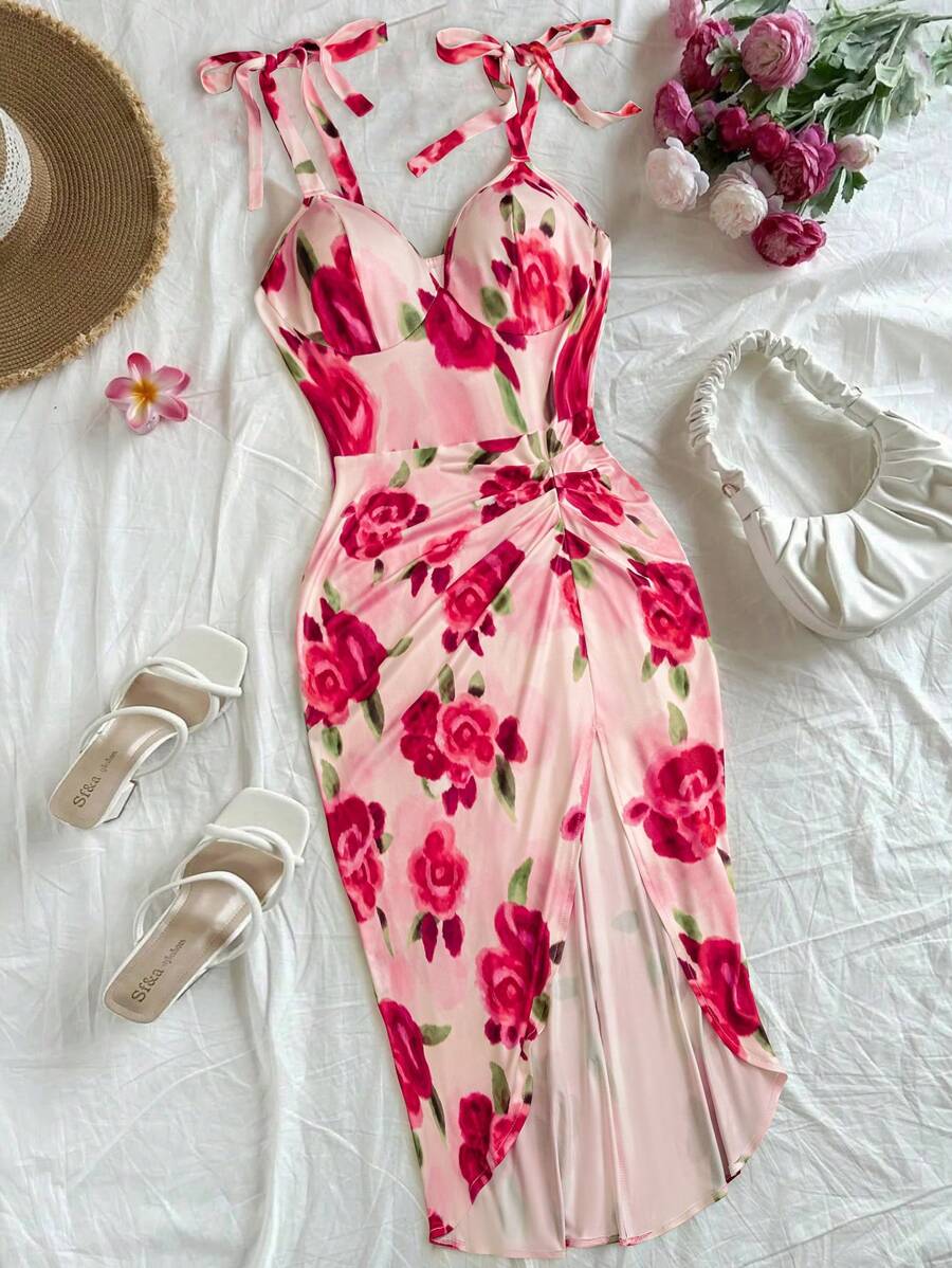 SHEIN Unity 大码女式玫瑰印花细肩带开衩下摆连衣裙，优雅夏日 - 粉色 - 查看 1