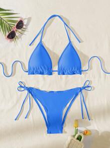 Swim Basics Solid Color Blue Bikini Set - Triangle Cup For Summer Beach Vacation - Blue - View 2