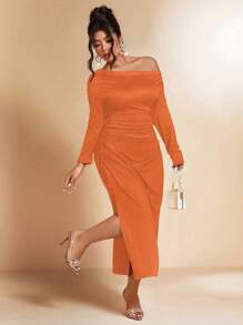 Cravure Women Plus Size Solid Color Asymmetric Neck Elegant Dress - Orange - View 6