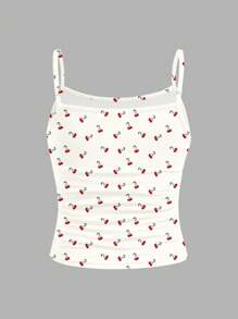 Tween Girl Slim Fit Vintage Cherry Print Form-Fitting Camisole Crop Top, Creamy White, Summer - Multicolor - View 2