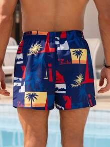 Manfinity Swimmode Men's Summer Vacation Coconut Tree Print Drawstring Waist Beach Shorts - Navy Blue - View 2