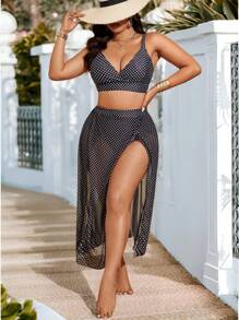 SHEIN Swim Curve 大码女式 3 件套波尔卡圆点吊带比基尼泳装，配有可调节肩带和长裙，度假泳装套装