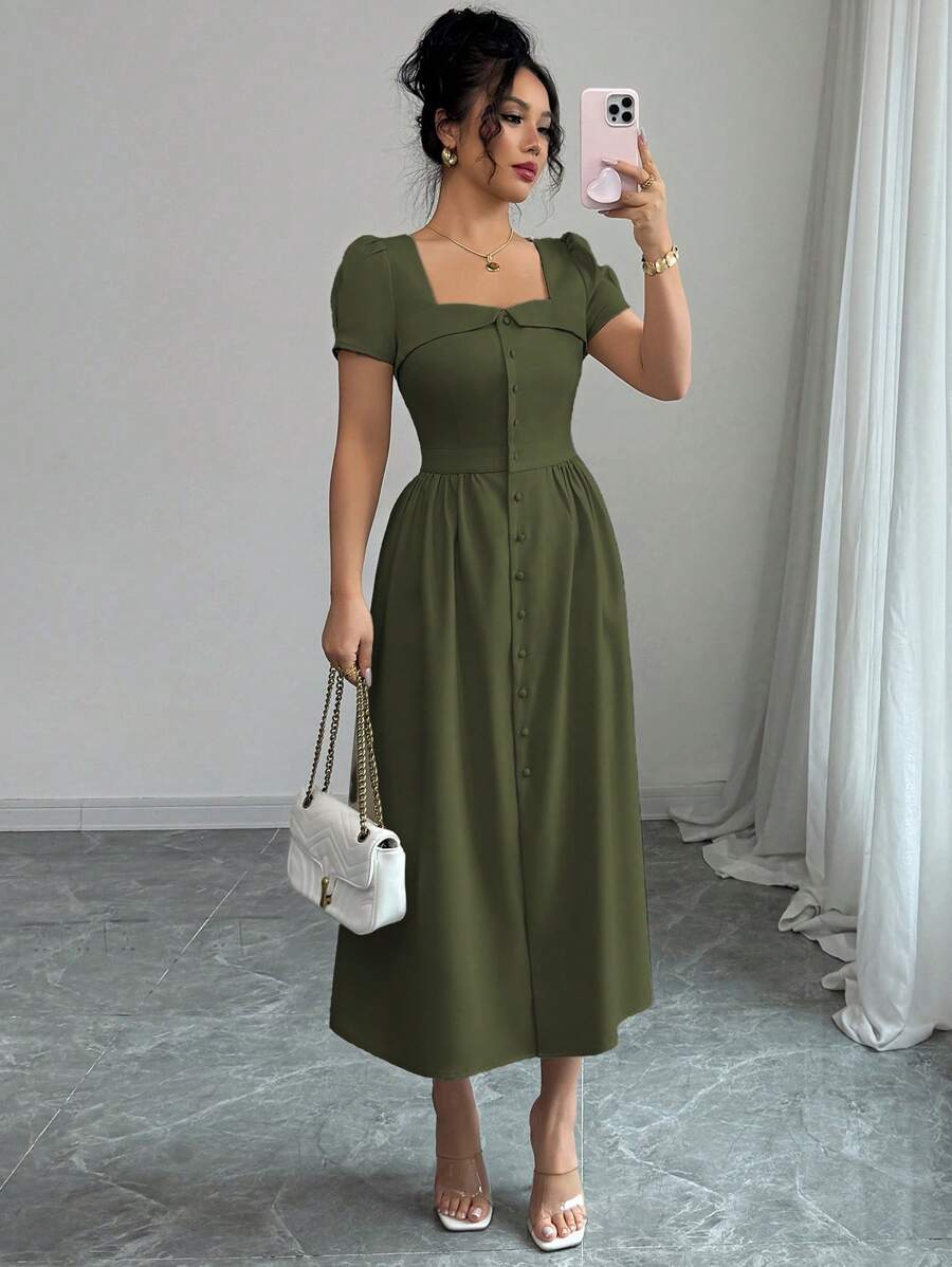 Elenzga Women's Elegant Commuting Trapezoid Collar, Cuff, Button Decoration, Waist-Cinched, A-Line, Slit Hem Long Sleeve Dress, Spring/Summer - Army Green - View 1