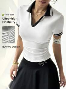Dewbera Camisa polo deportiva de mujer de unicolor con parches, de manga corta y ajustada