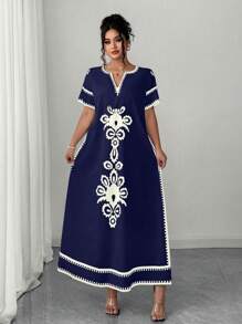 Elenzga 大码女式宽松短袖印花沙滩度假连衣裙 - 藏蓝色 - 查看 3