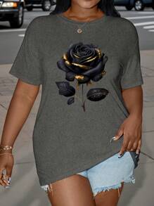 SHEIN LUNE Plus Size Loose Regular Fit Crewneck Short Sleeve Floral Print T-Shirt - Dark Grey - View 5