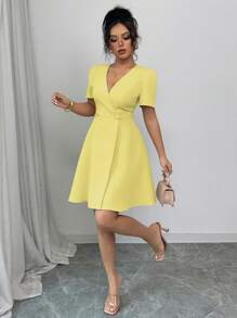 Elenzga Women's Elegant Solid Color French Commute V-Neck Double-Breasted Decorative Big A-Line X-Shaped Short Sleeve Short Dress, Spring/Summer - Yellow - View 7