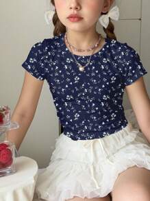 SHEIN 3 件套青少年女孩休闲蝴蝶结、樱桃、碎花圆领褶饰修身短袖 T 恤套装 - 彩色 - 查看 6