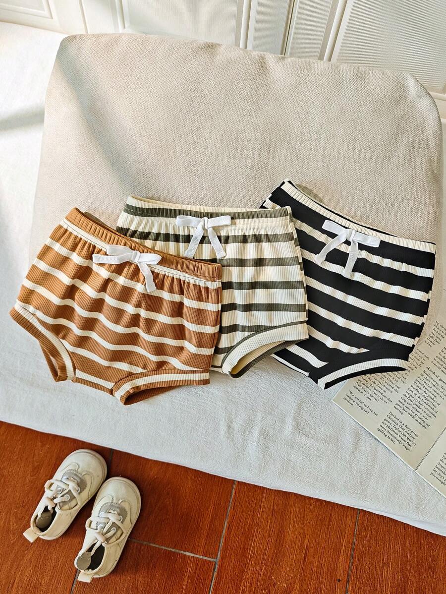 3pcs/Pack Baby Boy & Baby Girl Striped Shorts, Black, White, Brown, Comfortable Casual Suitable For Summer, All Occasions - Multicolor - View 1