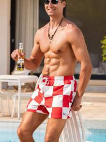 Manfinity Men's Summer Vacation Checkerboard Drawstring Waist Beach Shorts - Red and White - View 8