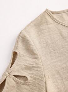 2pcs Women's Set: Hollow Sleeve Round Neck Blouse + Hollow Casual Pants - Khaki - View 6