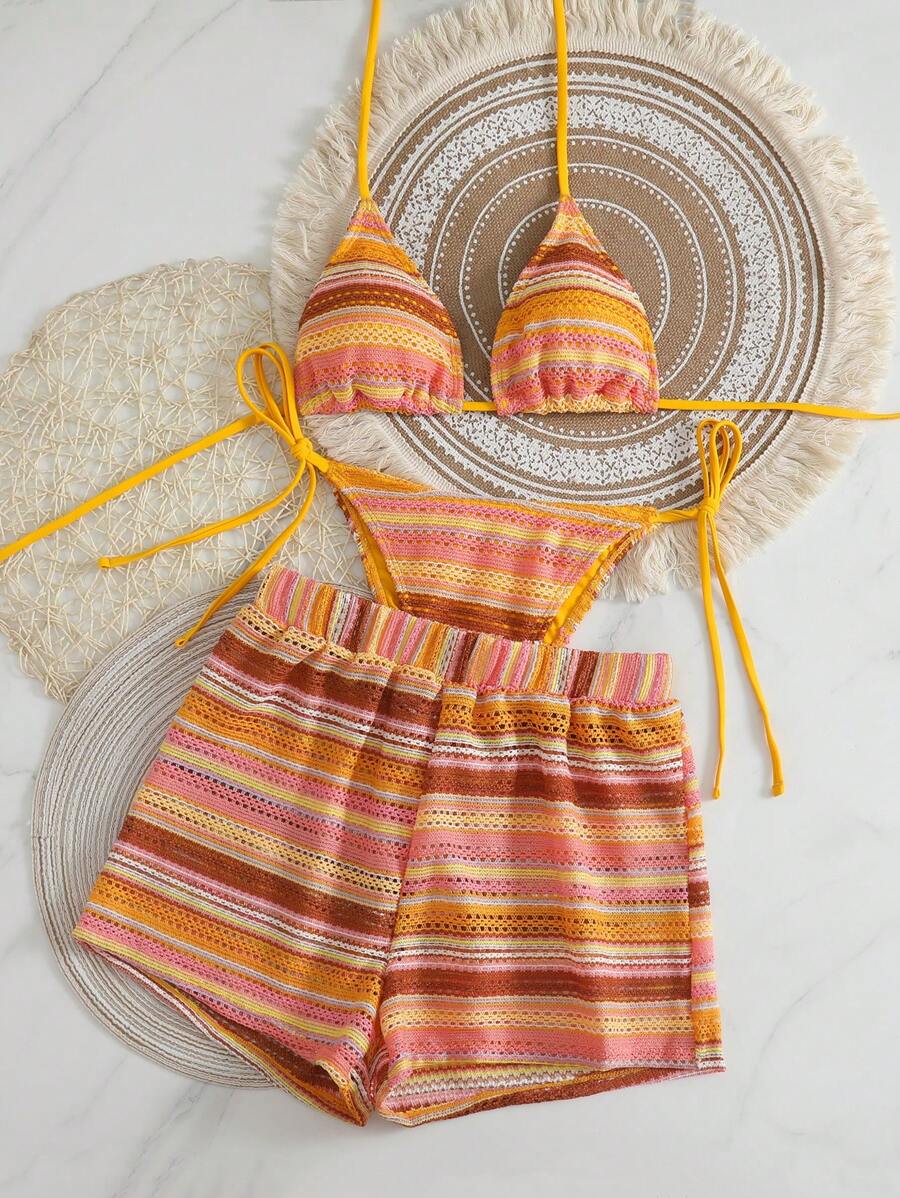 Swim Mod 3件套波西米亚风格钩编面料抽绳泳衣罩衫和比基尼套装