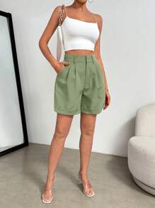 SHEIN Clasi Shorts de verano casuales para mujer con bolsillo plegado y bajo enrollado en unicolor
