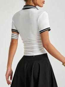 Dewbera Camisa polo deportiva de mujer de unicolor con parches, de manga corta y ajustada