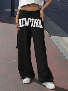 SHEIN ICON Pantaloni sportivi a vita bassa con stampa a lettere Y2K neri, adatti allo stile athleisure, minimalisti e di moda, ideali per l'estate