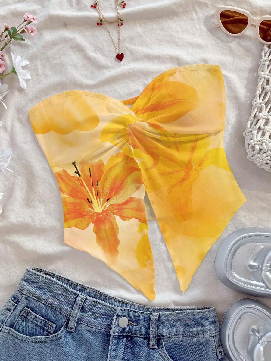 Soleia 女士休闲简约黄色花卉印花上衣，夏季 - 黃色 - 查看 1