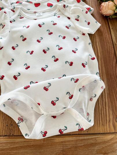 SHEIN LMoss Kids 5-Piece Set Newborn Baby Girl Summer Cute Knit Ditsy Floral Polka Dot Cartoon Print Short Sleeve Bodysuit