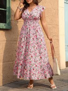 SHEIN Clasi Plus Size Flower Printed Shirred Swing Casual Summer Holiday Dress Maxi Women Outfit - Multicolor - View 1