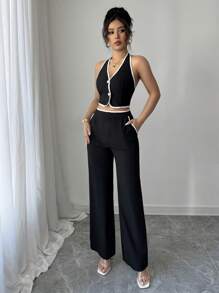 Selianne 2件套女士简约装饰单扣吊带上衣和裤子通勤套装 - 黑色 - 查看 4