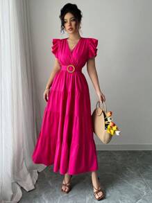 Elenzga 全新梭织褶皱荷叶边拼接胸前褶皱盖袖腰带后拉链海滩休闲修身腰部优雅优雅女士连衣裙 - 玫紅色 - 查看 5