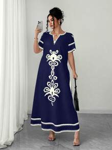 Elenzga 大码女式宽松短袖印花沙滩度假连衣裙 - 藏蓝色 - 查看 1