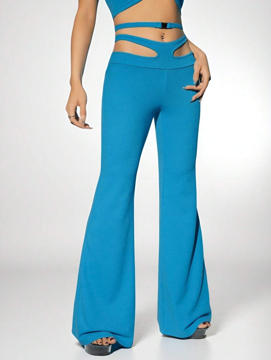SHEIN ICON Women's Elegant Baby Blue Knitted Flare Leg Pants With Cut-Out Detail