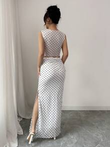 Selianne 2 件套女士优雅波尔卡圆点网眼印花褶皱无袖短款上衣和迷你裙套装