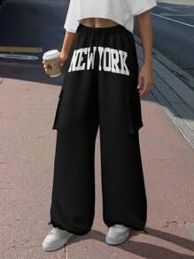 SHEIN ICON Pantaloni sportivi a vita bassa con stampa a lettere Y2K neri, adatti allo stile athleisure, minimalisti e di moda, ideali per l'estate
