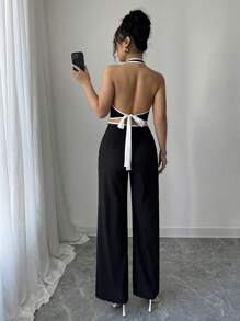 Selianne 2件套女士简约装饰单扣吊带上衣和裤子通勤套装 - 黑色 - 查看 7