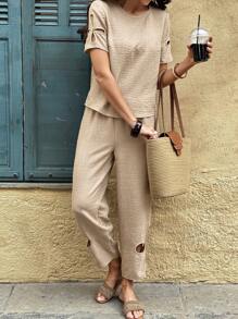 2pcs Women's Set: Hollow Sleeve Round Neck Blouse + Hollow Casual Pants - Khaki - View 3