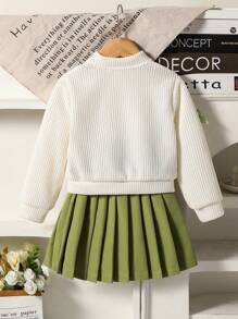 Elladie kids Girls' Casual Everyday Knit Cardigan Jacket With Bow, Paired With Green Skirt, Lively & Cute Autumn/Winter Outdoor 2-Piece Set, Back To School Outfit, Waffle Texture Fall - Multicolor - View 2