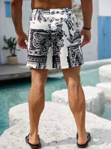 Manfinity Swimmode Men's Summer Vacation Paisley Print Drawstring Waist Beach Shorts, Hawaiian