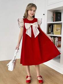 SHEIN Vestido A-line con bloque de color, decoración de moño y mangas cortas para niña preadolescente