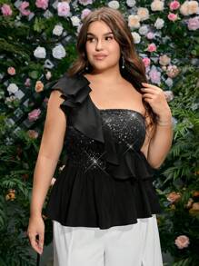 SHEIN MOD Plus Size Women Shiny Metallic Foil One Shoulder Elegant Party Camisole Top - Black - View 4