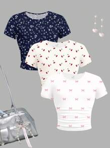 SHEIN 3 件套青少年女孩休闲蝴蝶结、樱桃、碎花圆领褶饰修身短袖 T 恤套装 - 彩色 - 查看 3