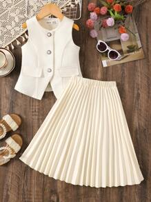 SHEIN 2pcs Set Young Girl Elegant Sleeveless Blazer Vest & Pleated Skirt Suit,Mom And Daughter & Sisters Matching Style Matching