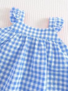 Cozy Pixies Baby Girl Strawberry Pattern Square Neck Ruffle Hem Cinched Waist Sleeveless Dress - Blue - View 9