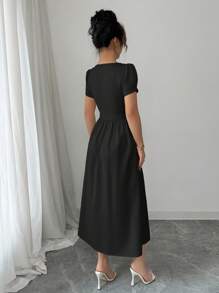 Elenzga 女士优雅梯形领、前部纽扣、系带 A 字形、侧褶下摆开衩长袖连衣裙，通勤/办公室穿着，春夏 - 黑色 - 查看 2