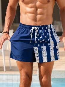 Manfinity Swimmode Men's American Flag Print Drawstring Waist Beach Shorts, Summer - Navy Blue - View 4