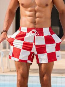 Manfinity Men's Summer Vacation Checkerboard Drawstring Waist Beach Shorts - Red and White - View 3