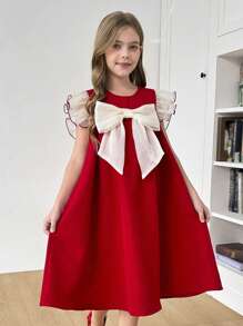 SHEIN Vestido A-line con bloque de color, decoración de moño y mangas cortas para niña preadolescente