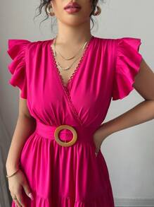 Elenzga 全新梭织褶皱荷叶边拼接胸前褶皱盖袖腰带后拉链海滩休闲修身腰部优雅优雅女士连衣裙 - 玫紅色 - 查看 3