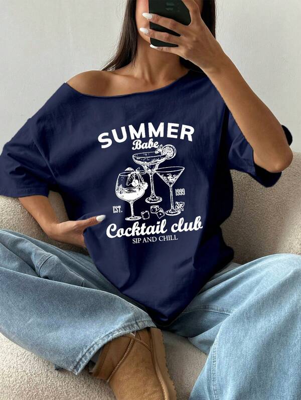 SHEIN MOOSTA Women's Loose Fit Asymmetrical Neck T-Shirt, Cocktail Print Oversized Tee In White And Navy Blue, Summer