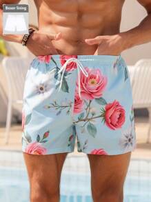 Surfspeed Men's Floral Print Pocketed Drawstring Waist Beach Shorts, Suitable For Summer - Baby Blue - View 3