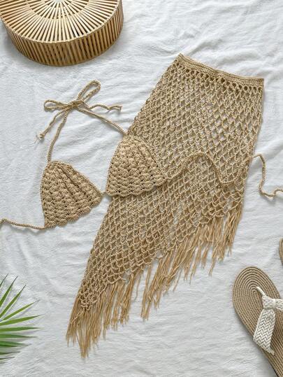 Swim Vcay Women Gold Crochet Shawl Set For Resort, Beach For Summer Beach Vacation