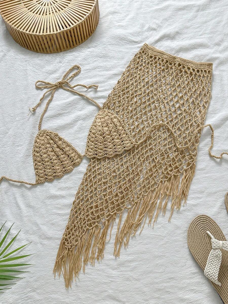 Swim Vcay Women Gold Crochet Shawl Set For Resort, Beach For Summer Beach Vacation